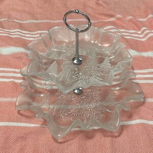 Mikasa Two-Tier Frosted Glass Serving Tray/Plater with Holiday Tree Motif